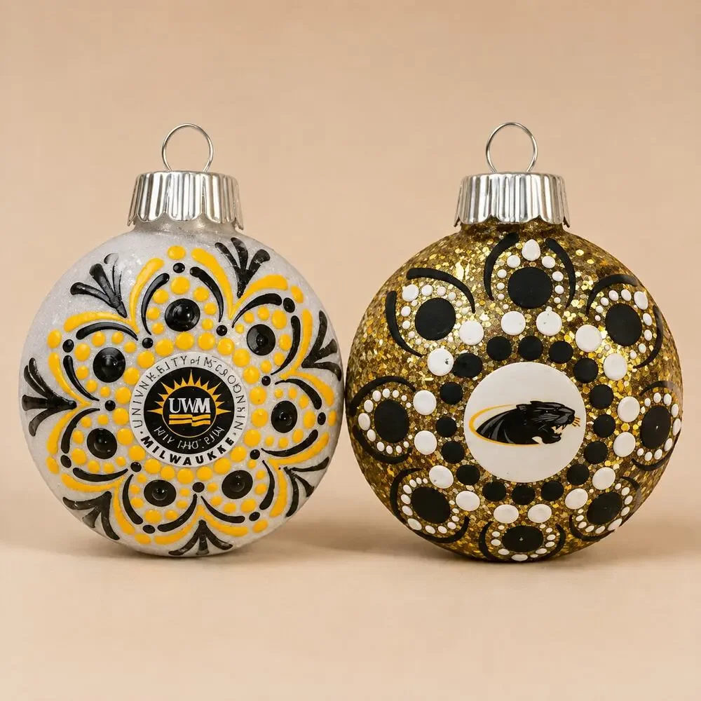Set of 2 UWM Panthers Shatterproof 3 Inch Hand Painted Ornaments